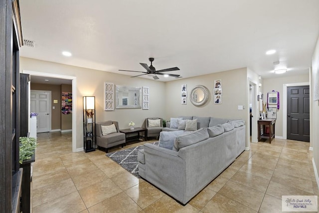 313 Scarlett Cir, Harlingen, TX 78552 - living area featuring a ceiling fan, light tile patterned flooring, and recessed lighting