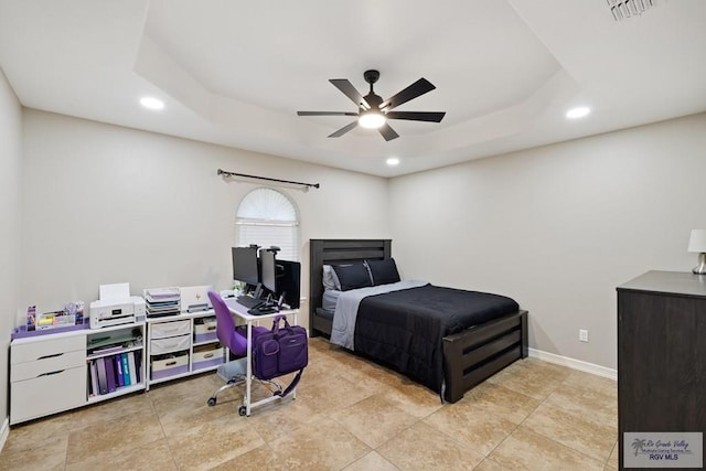 313 Scarlett Cir, Harlingen, TX 78552 - bedroom featuring recessed lighting, a raised ceiling, an office area, and a ceiling fan