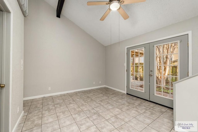 unfurnished room with french doors, lofted ceiling with beams, ceiling fan, and light tile patterned flooring