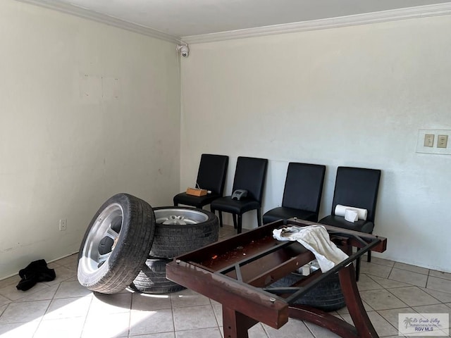 office with light tile patterned floors and crown molding