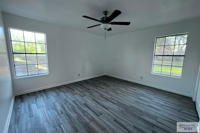 unfurnished room with hardwood / wood-style flooring, a wealth of natural light, and ceiling fan