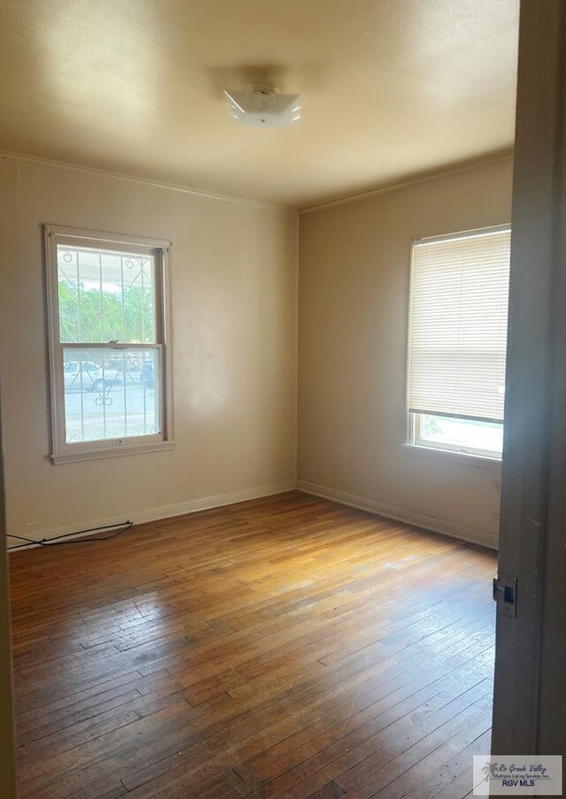 empty room featuring a healthy amount of sunlight, light hardwood / wood-style floors, and ornamental molding