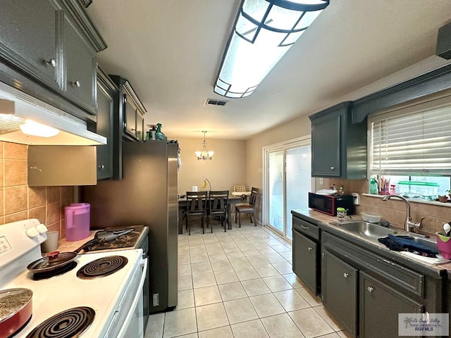 kitchen with white electric range oven, visible vents, a sink, black microwave, and tasteful backsplash