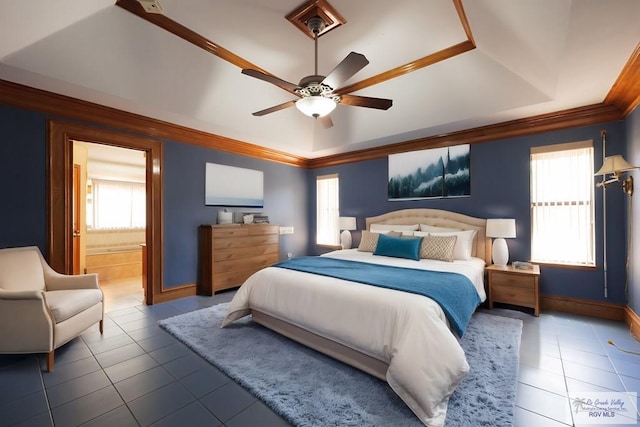 tiled bedroom featuring ceiling fan, ornamental molding, ensuite bathroom, and multiple windows