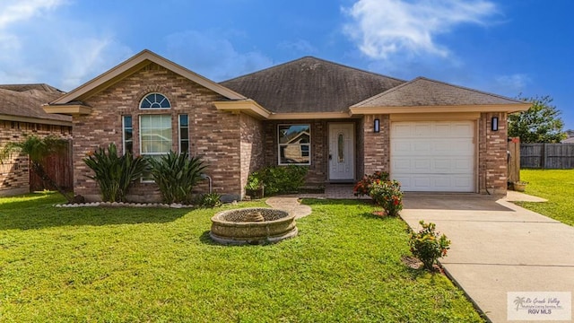 2400 Firenze St, Brownsville, TX 78520 - ranch-style home featuring brick siding, a garage, driveway, and roof with shingles