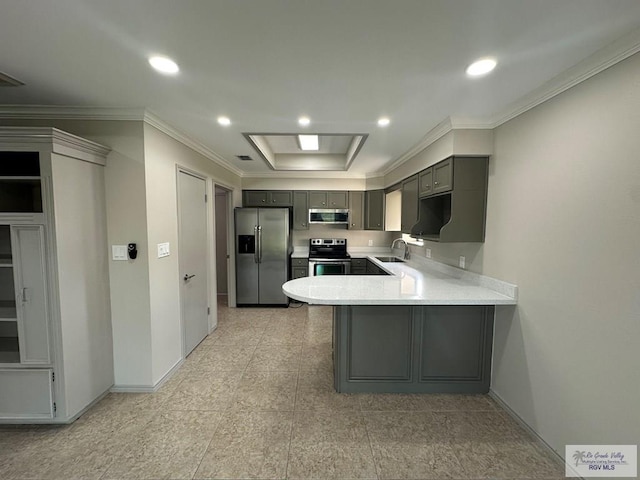 kitchen featuring gray cabinetry, sink, ornamental molding, kitchen peninsula, and stainless steel appliances