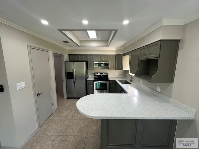 kitchen with kitchen peninsula, appliances with stainless steel finishes, gray cabinets, and ornamental molding