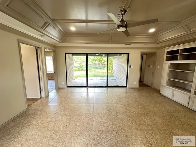 unfurnished room with built in shelves, ornamental molding, ceiling fan, and coffered ceiling