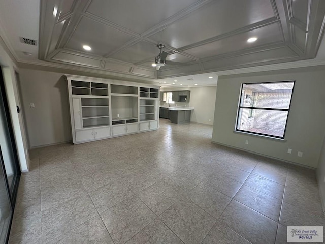 unfurnished living room featuring ceiling fan, ornamental molding, and coffered ceiling