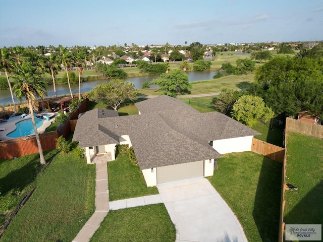 aerial view featuring a water view