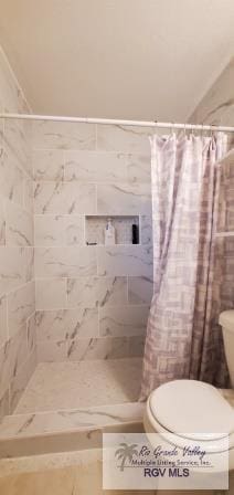 bathroom featuring a shower with shower curtain and toilet