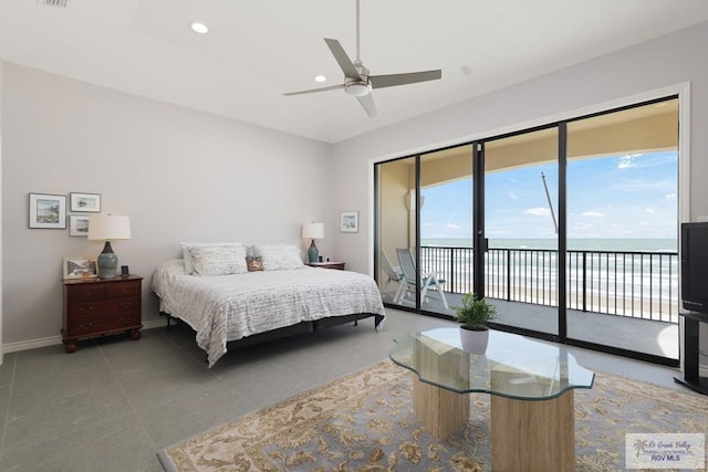 bedroom featuring access to outside, ceiling fan, baseboards, and recessed lighting