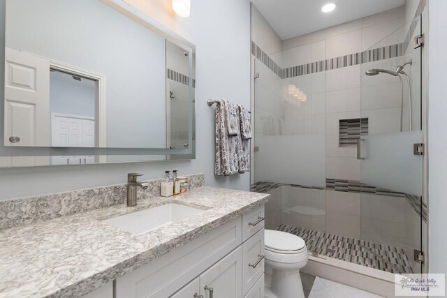 bathroom with toilet, a shower stall, and vanity