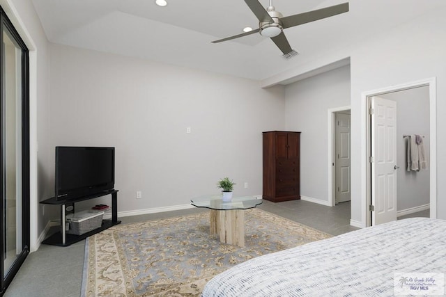 bedroom featuring visible vents, baseboards, a ceiling fan, and recessed lighting