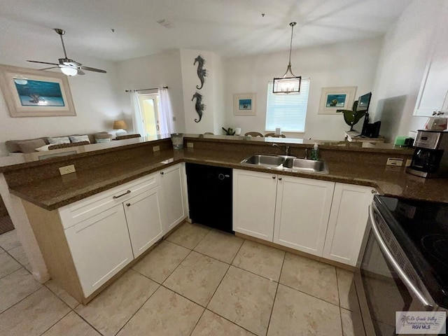 kitchen featuring open floor plan, white cabinetry, stainless steel electric stove, a sink, and dishwasher