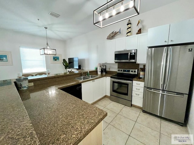 kitchen with visible vents, pendant lighting, white cabinetry, a sink, and stainless steel appliances