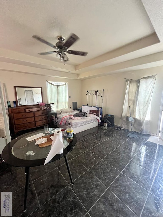 bedroom with a raised ceiling and ceiling fan