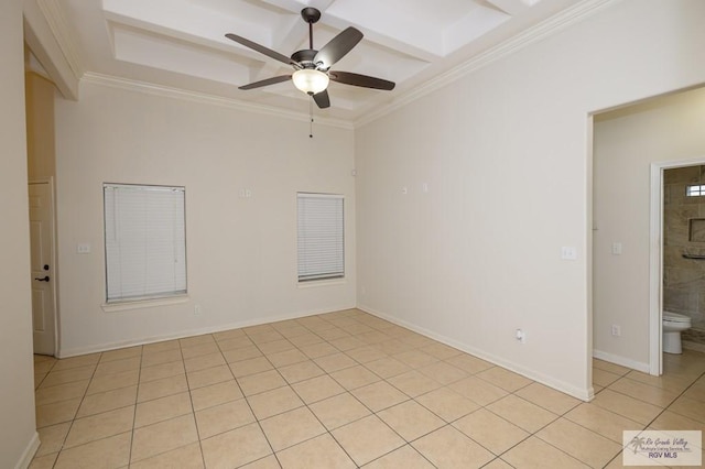 1508 W 20th St, Mission, TX 78572 - unfurnished room featuring a ceiling fan, ornamental molding, light tile patterned floors, and beamed ceiling