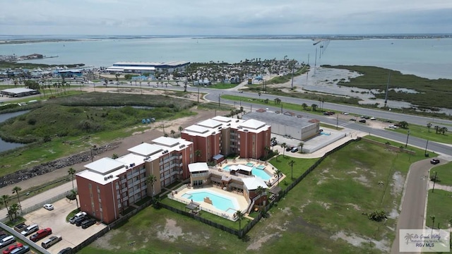 bird's eye view with a water view