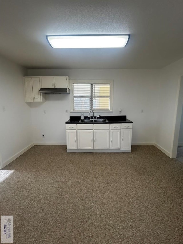 kitchen featuring white cabinetry, carpet floors, and sink