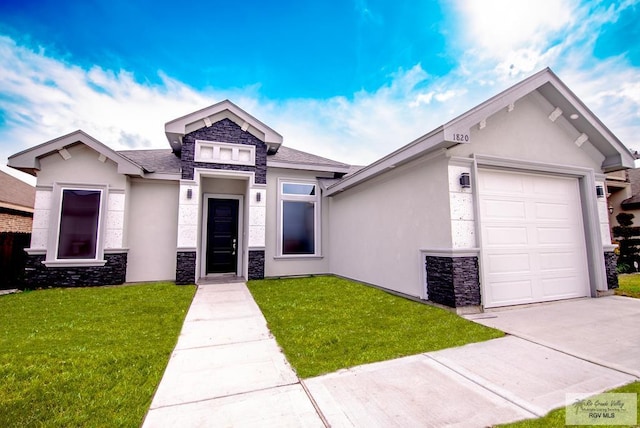 view of front of property with a garage, stone siding, a front lawn, and stucco siding