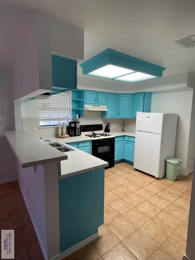 kitchen featuring kitchen peninsula, white appliances, blue cabinets, sink, and light tile patterned flooring