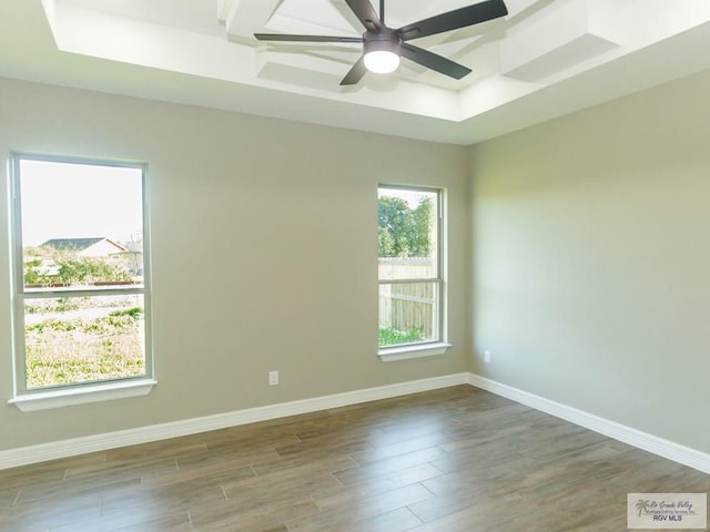 empty room featuring a tray ceiling and ceiling fan