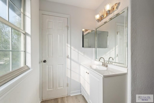 bathroom with vanity and wood-type flooring