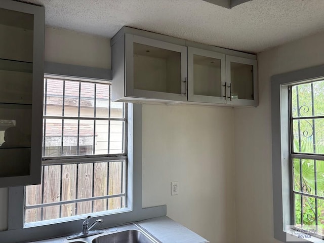 kitchen featuring glass insert cabinets, light countertops, a sink, and a textured ceiling
