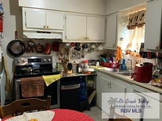 kitchen with white cabinetry, range hood, stainless steel range with electric stovetop, and sink