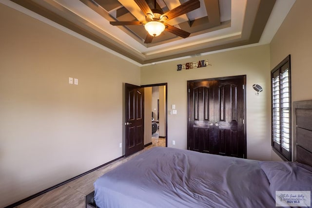 bedroom featuring a ceiling fan, a raised ceiling, and a closet