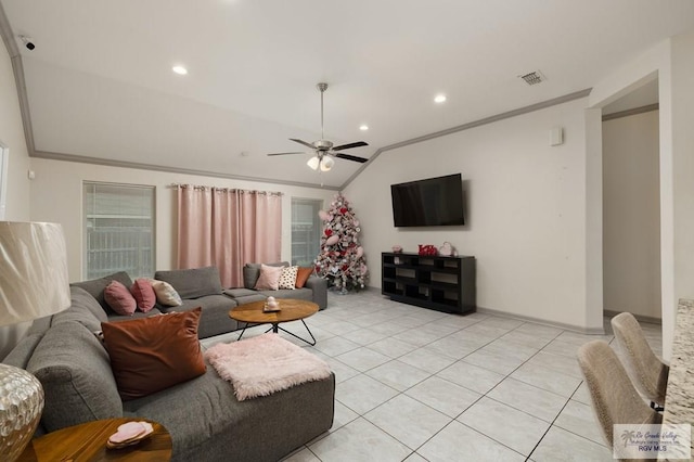 living room featuring crown molding, recessed lighting, visible vents, light tile patterned flooring, and vaulted ceiling