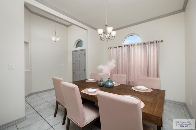 dining room featuring light tile patterned floors, a notable chandelier, baseboards, and crown molding