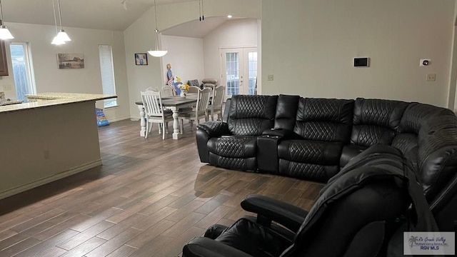 living room featuring dark wood-type flooring and vaulted ceiling