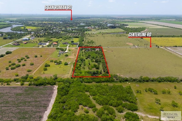 38639 Centerline Rd, Los Fresnos, TX 78566 - aerial view of sparsely populated area featuring property boundaries highlighted and abundant farmland