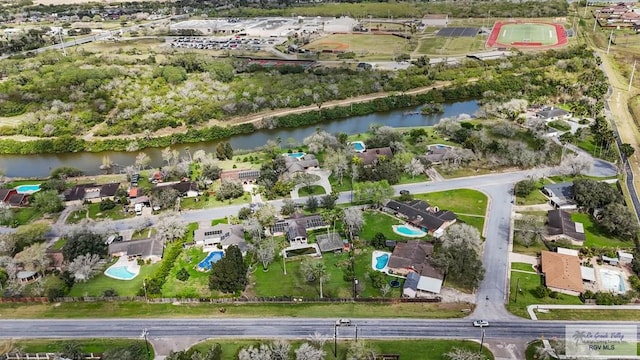 aerial view featuring a water view