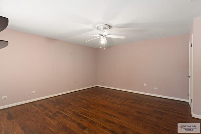 unfurnished room featuring dark wood-type flooring and ceiling fan