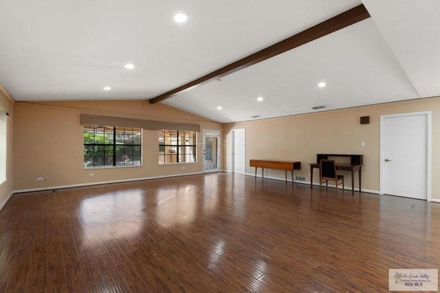 unfurnished living room with vaulted ceiling with beams and dark hardwood / wood-style flooring