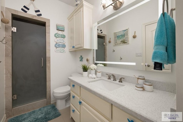 full bathroom with toilet, a shower stall, tile patterned flooring, and vanity