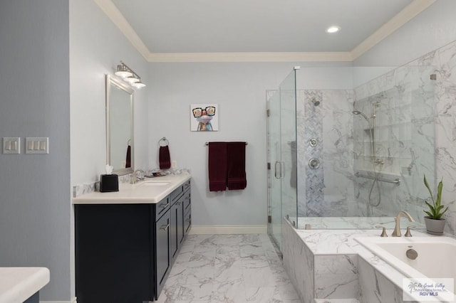 1808 E Palm Valley Dr, Harlingen, TX 78552 - full bath featuring crown molding, marble finish floors, a marble finish shower, a bath, and vanity