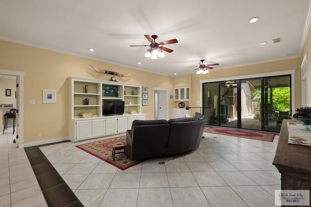 1808 E Palm Valley Dr, Harlingen, TX 78552 - living room featuring light tile patterned floors, a ceiling fan, recessed lighting, crown molding, and baseboards
