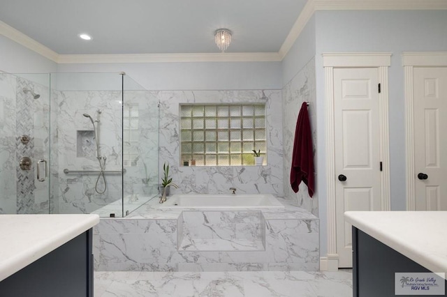 1808 E Palm Valley Dr, Harlingen, TX 78552 - full bath featuring a marble finish shower, vanity, crown molding, a bath, and marble finish floors