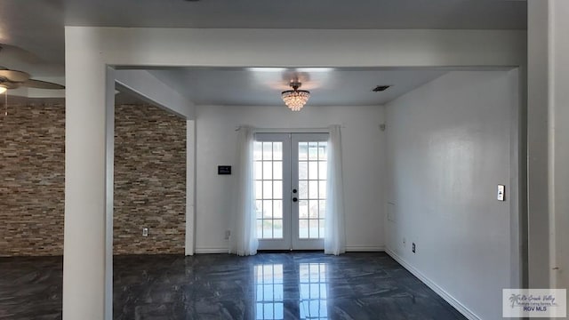 entryway featuring marble finish floor, visible vents, ceiling fan, and french doors