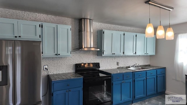 kitchen with black range with electric cooktop, blue cabinets, wall chimney range hood, and stainless steel fridge with ice dispenser