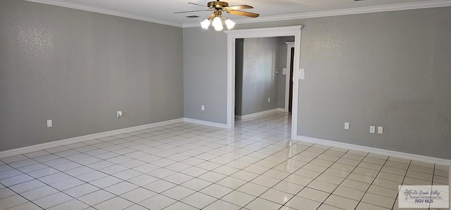 tiled empty room with crown molding and ceiling fan