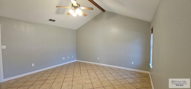 spare room featuring vaulted ceiling with beams, ceiling fan, and light tile patterned floors