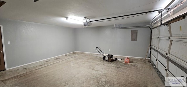 garage with electric panel and a garage door opener