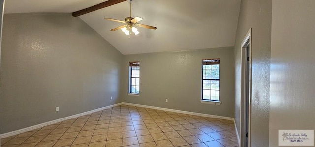 empty room featuring beamed ceiling, light tile patterned floors, high vaulted ceiling, and ceiling fan