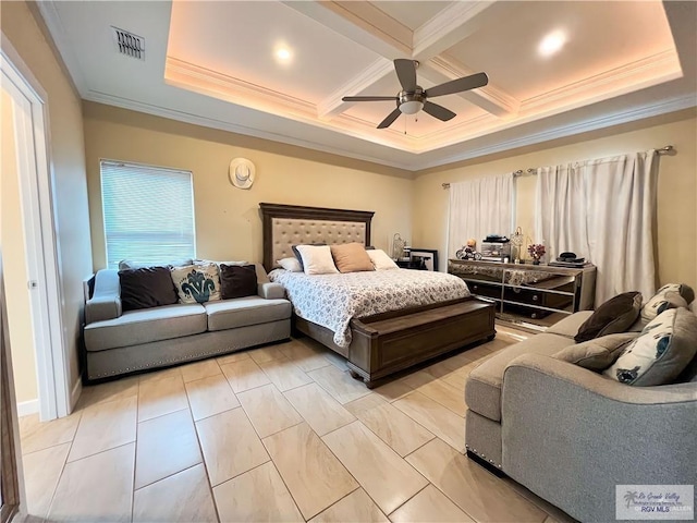 tiled bedroom featuring beamed ceiling, ceiling fan, ornamental molding, and coffered ceiling