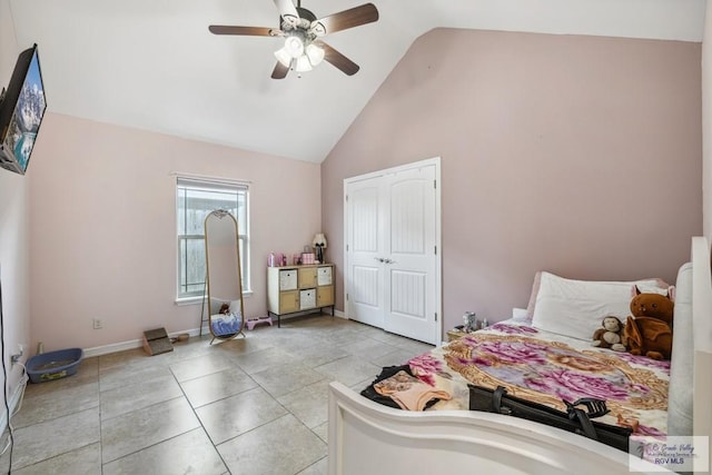 1510 Karis Ct, Harlingen, TX 78550 - bedroom with high vaulted ceiling, ceiling fan, and a closet